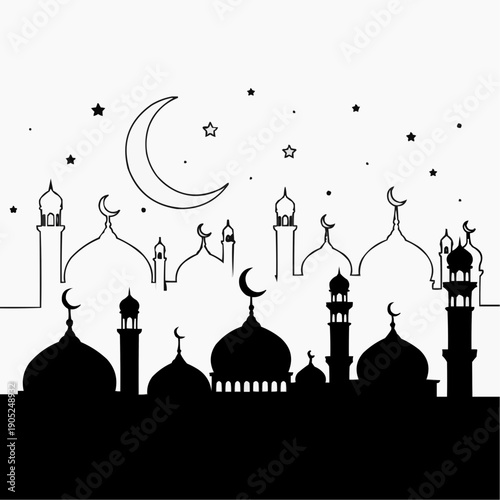 A serene nighttime scene depicts a silhouetted cityscape of islamic architecture under a crescent moon and starry sky silhouette high quality professional detailed