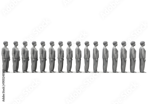 A long line of identical female figures in casual outfits, lined up facing sideways against a white background.
