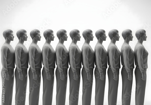 A side view of multiple identical female figures in casual attire, emphasizing repetition and uniformity.