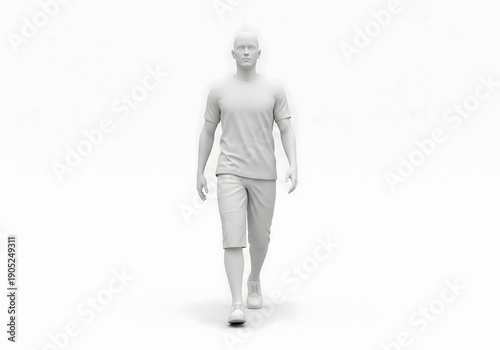A white, stylized man in casual clothing walking towards the camera, representing motion and everyday activity.