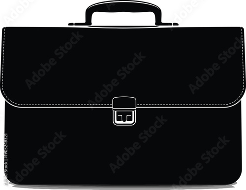 Classic black leather briefcase with silver hardware sits isolated against a stark white background for professional.