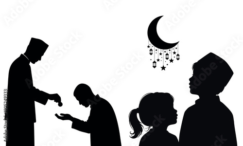 Silhouette of family celebrating ramadan with crescent moon and arabic calligraphy