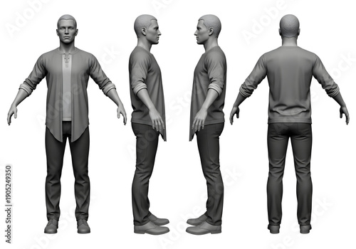 A grey male figure in casual wear displayed from front, side, and back, suitable for 3D modeling and character creation.