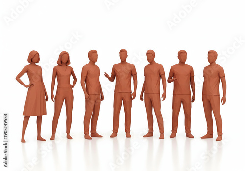 Group of stylized terracotta-colored figures in casual t-shirts and dresses, standing on a white background.