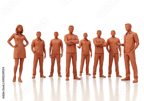 Diverse group of stylized terracotta figures in casual and semi-formal attire, posing confidently.