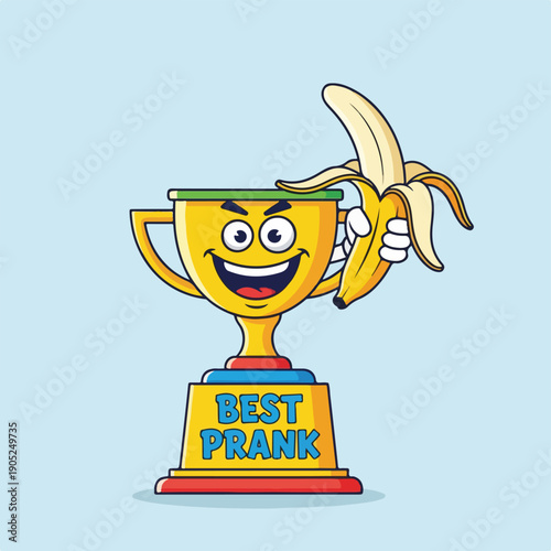 Trophy-shaped smiling character holding peeled banana, labeled "BEST PRANK