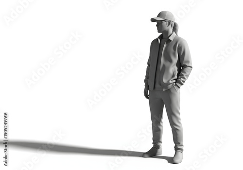 Full body 3D render of a person in a cap and jacket, standing with hand in pocket, isolated on white.