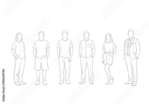 Outline drawing of diverse people in casual and formal attire: t-shirts, shorts, dresses, suits.