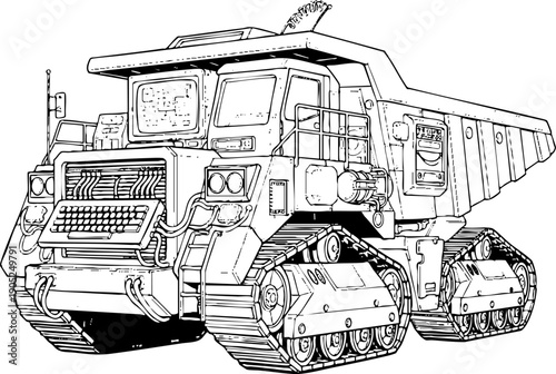 Detailed line art illustration of a tracked heavy mining dump truck