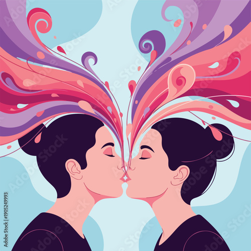 Two figures kissing with colorful, dynamic, flowing explosion above