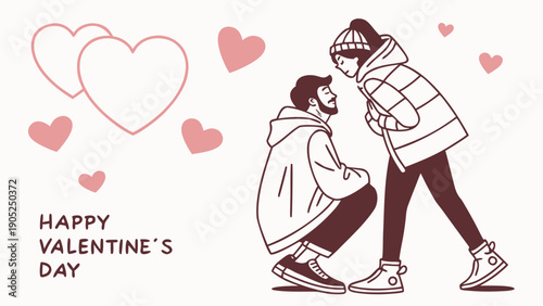 Romantic Minimalist Line Art of Young Couple Framed by a Large Red Heart for Valentine's Day