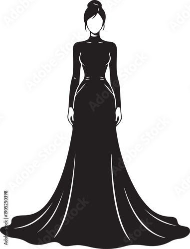 Black silhouette of a woman in a long flowing gown with her hair in a bun against white figure female