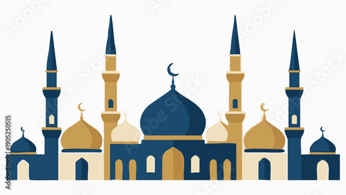 Abstract mosque illustration with golden and blue domes and minarets, islamic architecture building for ramadan kareem celebration