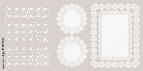 Intricate white doily patterns arranged in various decorative shapes