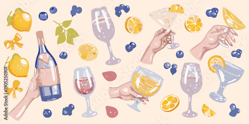 A colorful illustration of cocktails fruit and celebratory hands