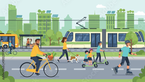 Urban scene of people on transit, walking, biking, and scootering