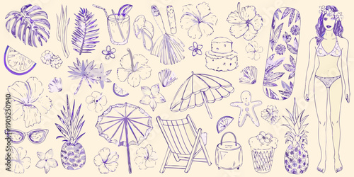 Tropical summer sketches fashion fruit flowers and beach accessories