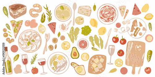 A colorful assortment of various foods including seafood cheese and fruit