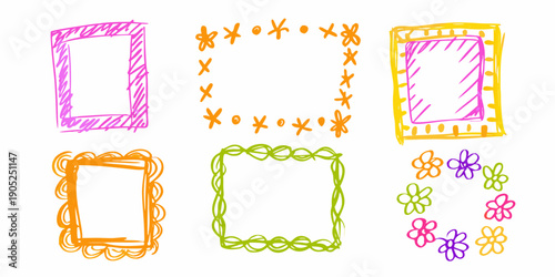 Colorful hand drawn frames and borders sketched with childlike simplicity