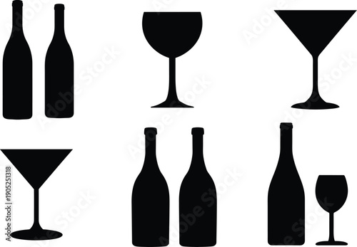 Wine glass, Martini glasses, bottle silhouette set vector illustration. Eps 10