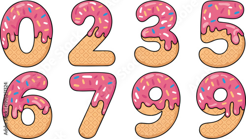 Sweet Donut Numbers Set with Pink Icing, Sprinkles, and Waffle Texture Dessert Typography Flat Vector Illustration