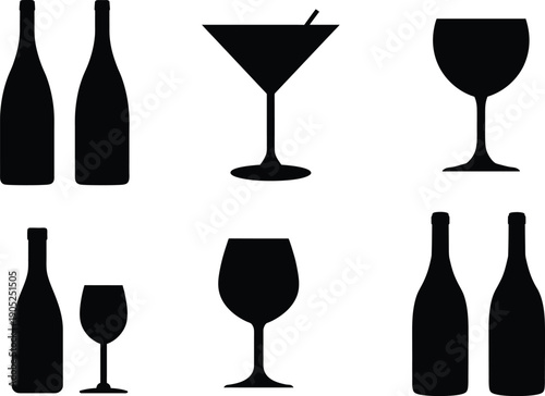 Martini glasses, Wine glass, alcohol bottle silhouette set. Drinkware silhouette set on transparent background. Eps 10