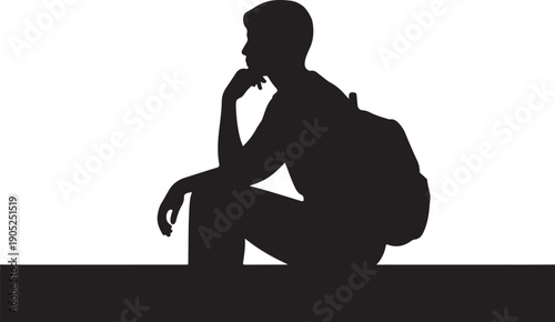 Silhouette of person sitting with backpack and hand on chin