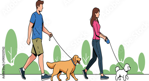 Couple walking dogs in park, outdoor lifestyle, healthy activity, pet care, relaxation, fitness, leisure time, companionship, love, nature environment