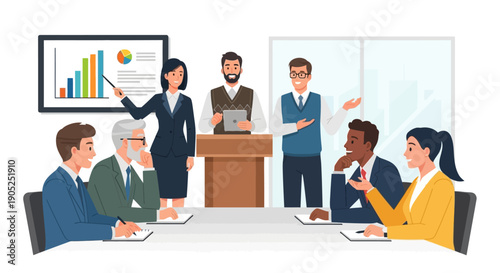 Diverse business team presenting data and collaborating in a corporate meeting.