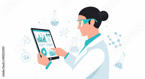 Female scientist analyzing research data on a tablet in a laboratory setting.
