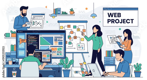 A diverse team of professionals collaborating on a web project development.