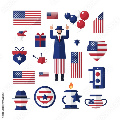 USA Icons & Symbols Collection: Uncle Sam, Flags, Balloons, Gifts for Patriotic Holidays