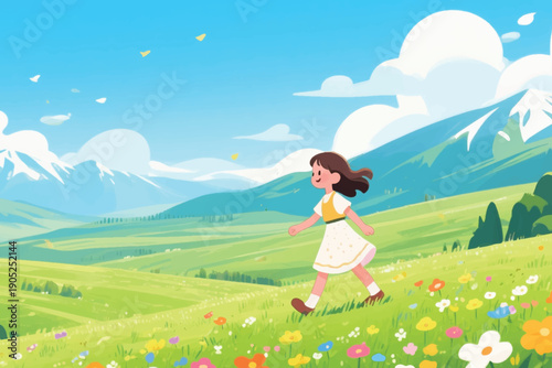 Cheerful girl in white dress walking through colorful flower meadow with green hills, snowy mountains, and bright blue sky.