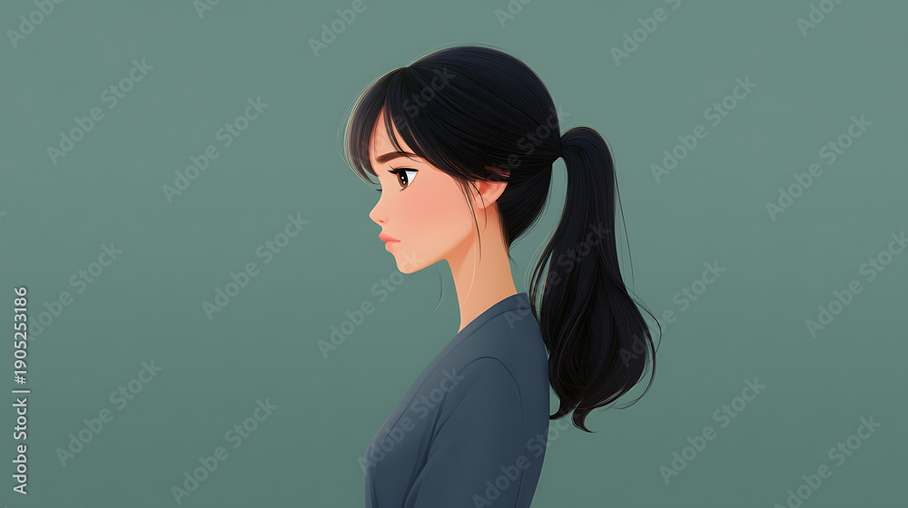 Fototapeta premium A pensive young woman in profile against a serene backdrop, deep in thought. Her dark hair is pulled back in a ponytail