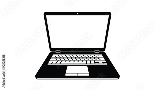 A black laptop computer with an open lid and white keyboard on a pure