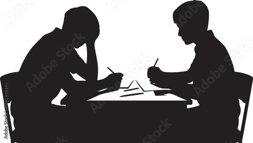 Two people sitting at a table or writing pencils