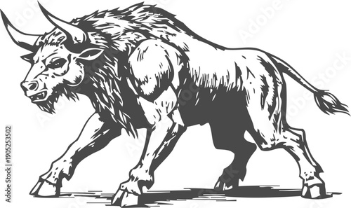 Powerful bull charging forward, strong aggressive animal with sharp horns and muscular body