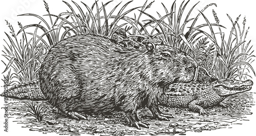 Capybara and crocodile by riverbank with tall grass detailed black and white engraving illustration