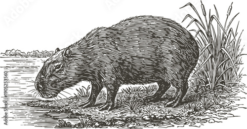 Capybara standing by water, natural habitat illustration in detailed vintage engraving
