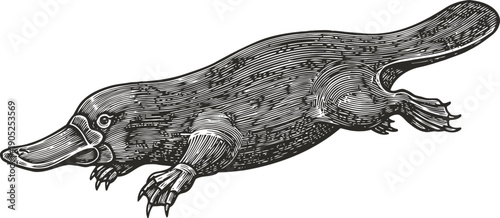 vintage platypus illustration hand drawn aquatic mammal with webbed feet and flat bill