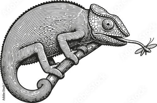 Chameleon perched on branch catching insect with tongue in detailed vintage engraving illustration