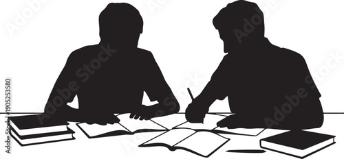 Two people studying with books and papers on a table