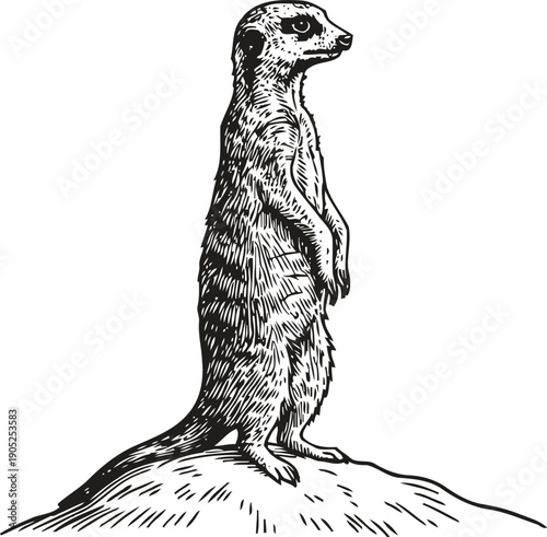Meerkat standing alert on a mound wild animal monitoring environment with upright posture and attentive expression