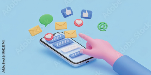 3D Social Media Messaging Concept with Smartphone Chat Notifications Likes Email Icons and Hand Interaction for Digital Communication Mobile App and Online Marketing Designs