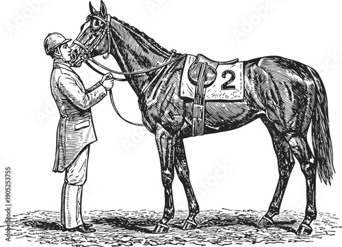 Jockey standing with thoroughbred racehorse before competition, detailed vintage engraving illustration