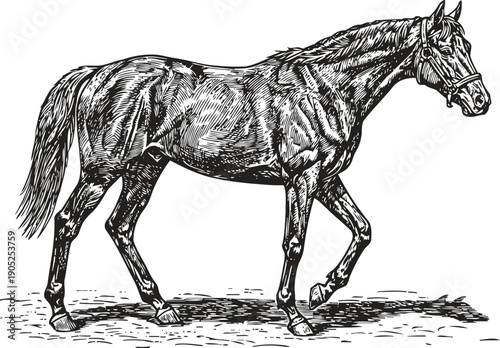 Detailed black and white engraving of a walking horse with bridle, side view illustration of an equine animal