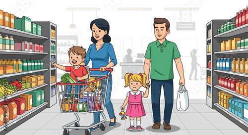 A happy family shops for groceries in a supermarket.