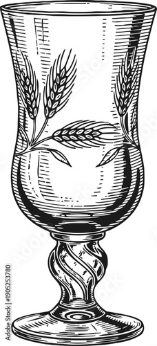 Ornate vintage glass with wheat motifs, decorative etched drinking vessel, classic elegant design