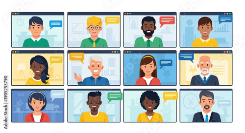 Diverse people in a video conference call grid.