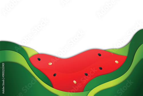 Abstract watermelon paper cut background with green wavy layers and red fruit core, creative summer vector with copy space